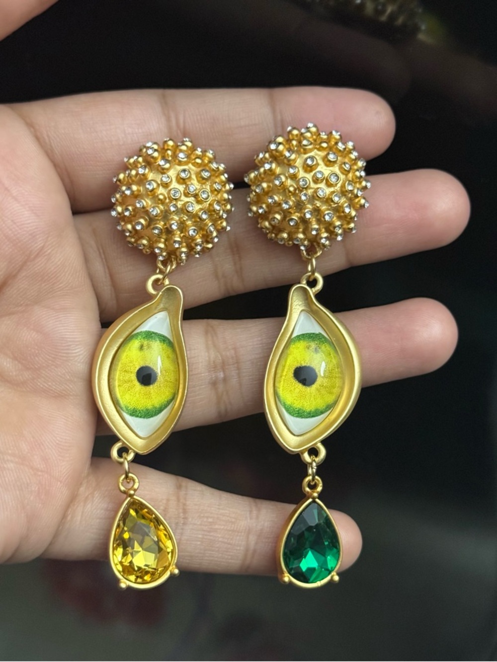 Schiaparelli Inspired Gold Drop Earrings with Green and Yellow Eye Motif